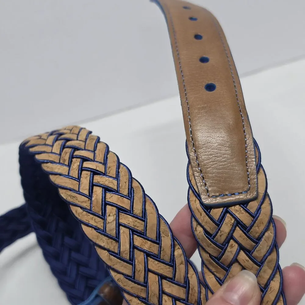 Torino Men’s 52 Woven Leather Belt Cork Fabric Weave Made In USA Cobalt Blue/Tan